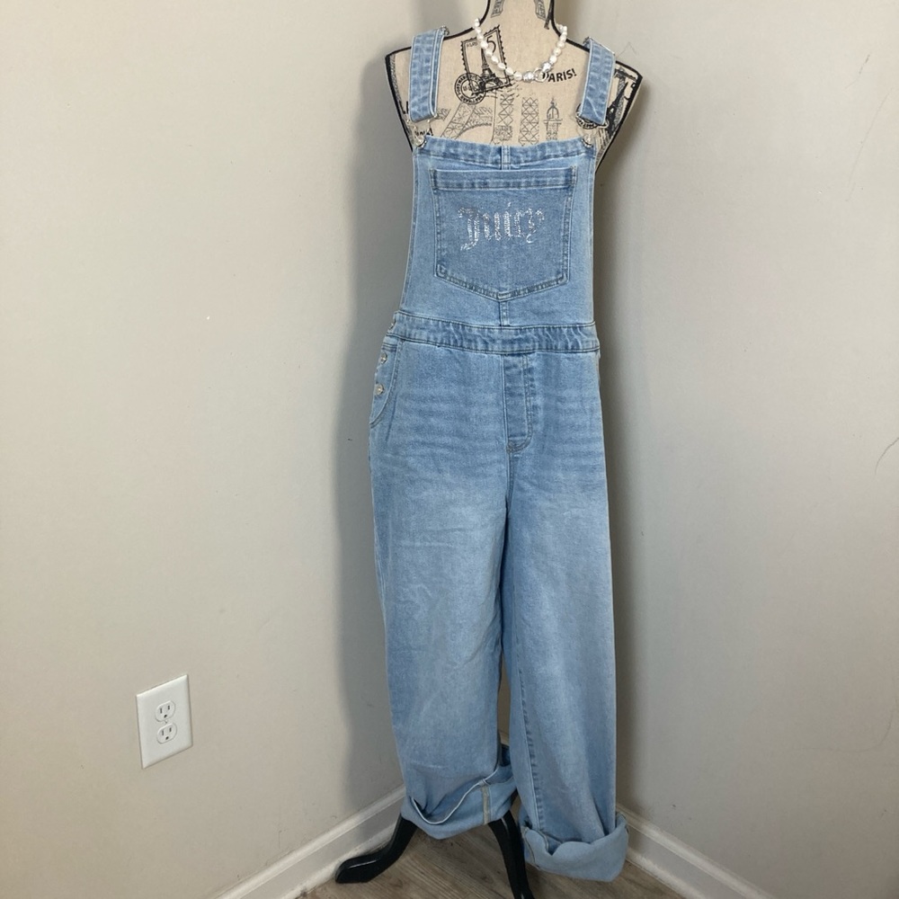 Juicy Couture Women’s Blue Denim Fade 1Pc Jumpsuit Overalls Wide Leg